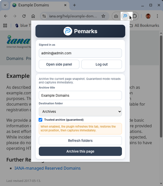 Pemarks Chrome extension archive panel