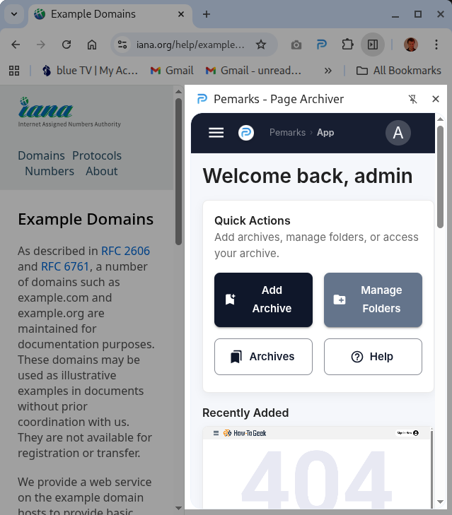 Pemarks side panel showing the archive workspace embedded in the browser