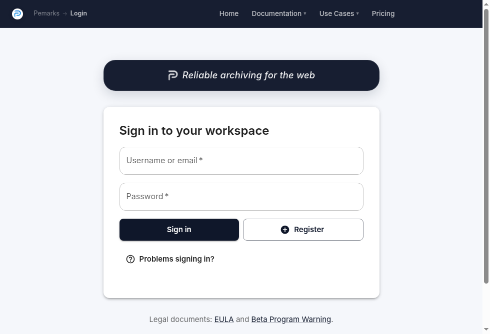 Login page