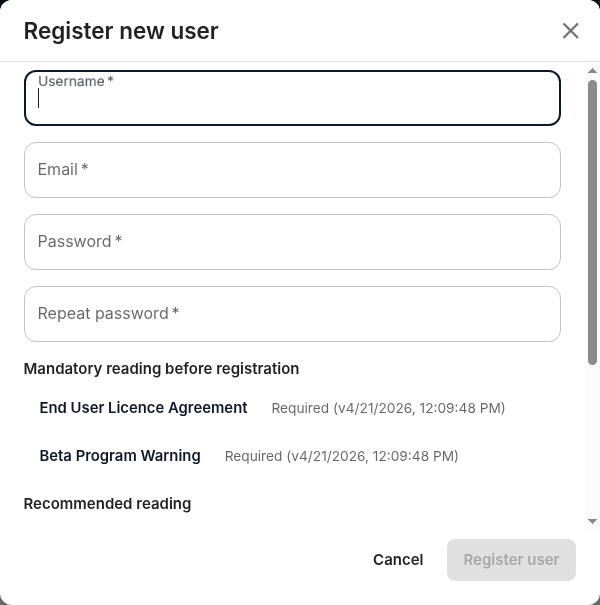 Registration dialog