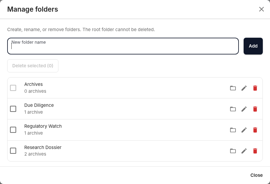 Manage folders dialog