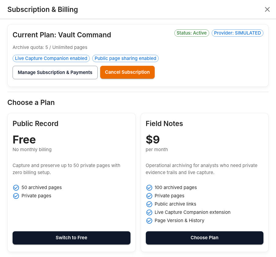 Subscription dialog overview