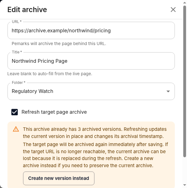 Risk notice before replacing the current archive