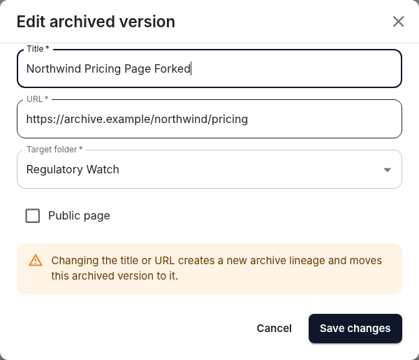 Version identity change creates a separate lineage