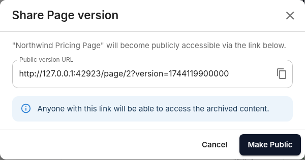 Public sharing workflow for an archive or one archived version